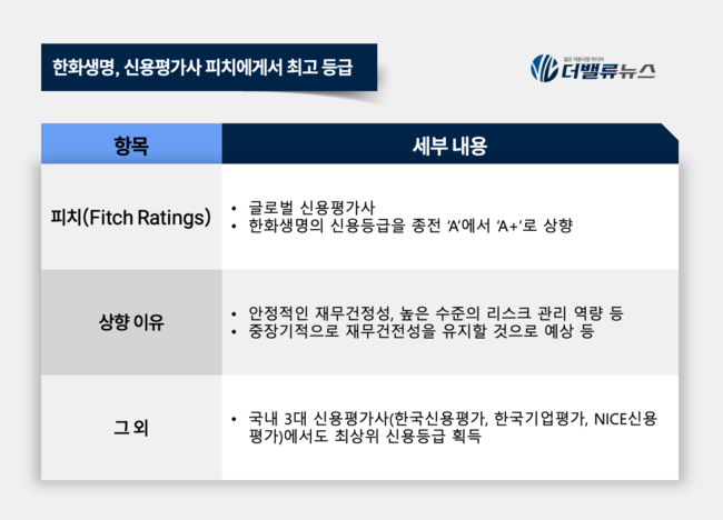한화생명, 피치로부터 신용등급 A+ 획득...재무건전성 글로벌 인정